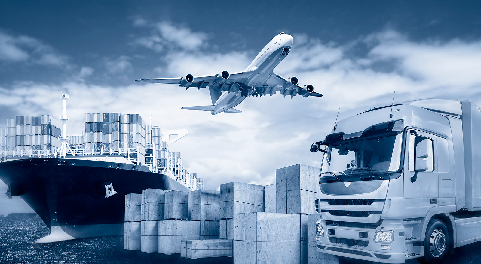 Cargo ship, airplane and truck